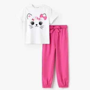 2025 Moms Favorite Cute Cat White Pink tshirt Pajama Set