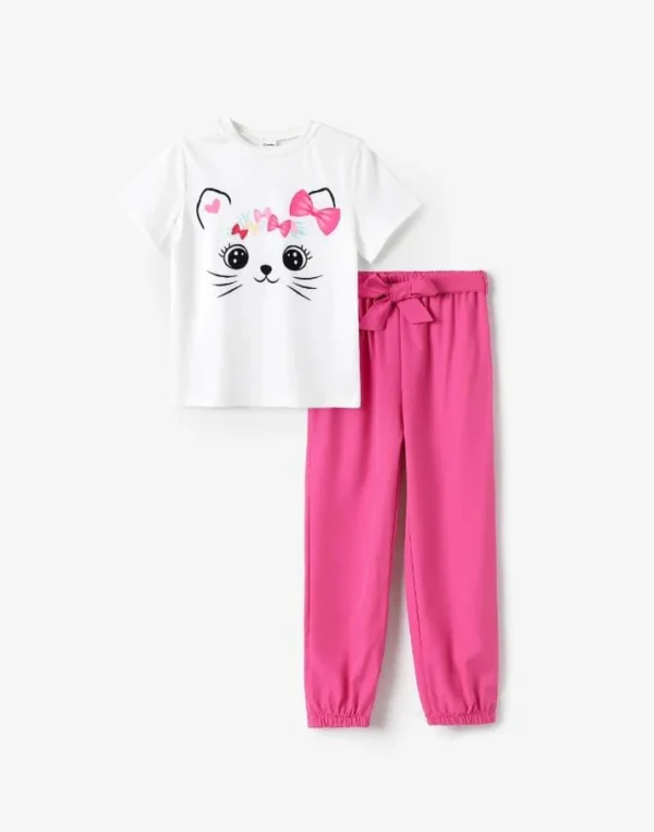 2025 Moms Favorite Cute Cat White Pink tshirt Pajama Set